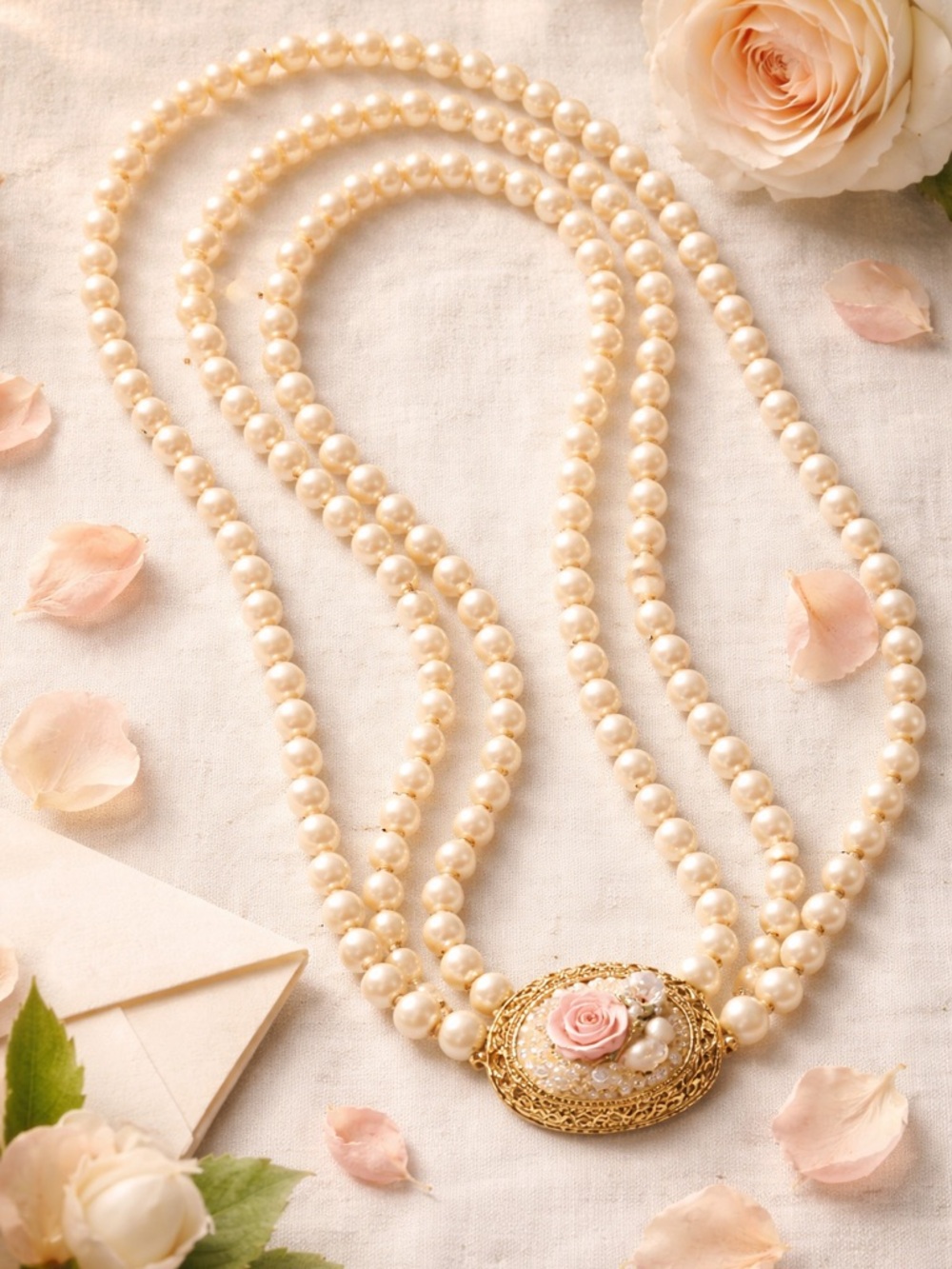 Vintage Romantic Double Strand Pearl Necklace Gold Filigree Porcelain Rose Clasp